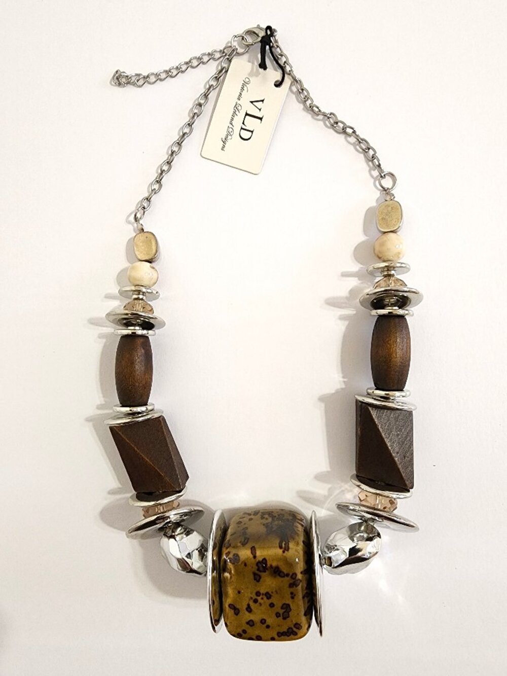 Vintage VLD Victoria Leland Chunky Wood & Ceramic Necklace